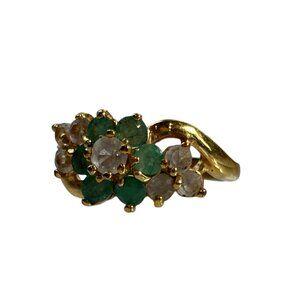 Vintage Gold Tone Ring Green Clear Rhinestone Cluster Flower Size 4.75
